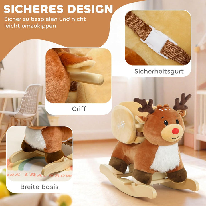 AIYAPLAY Kinder Schaukelpferd Baby Schaukeltier Rentier mit Schlafliedern, Sicherheitsgurt für 18-36
