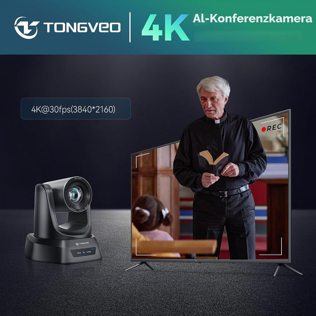 TONGVEO 4K AI PTZ-Kamera mit Auto-Tracking und 20-fachem optischem Zoom, Konferenzkamera mit HDMI/US