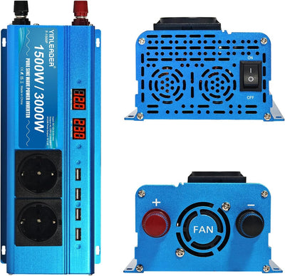 Wechselrichter 1500W 12V 230V Reiner Sinus Spannungswandler mit 2 AC-Steckdose 4 USB 2 LED