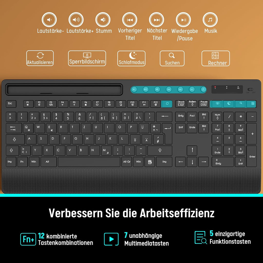 Tastatur Maus Set Kabellos, Leise 2,4 GHz Tastatur in voller Grösse mit Handballenauflage, Telefonha