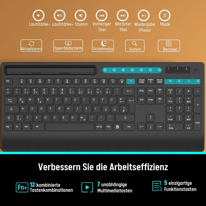 Tastatur Maus Set Kabellos, Leise 2,4 GHz Tastatur in voller Grösse mit Handballenauflage, Telefonha