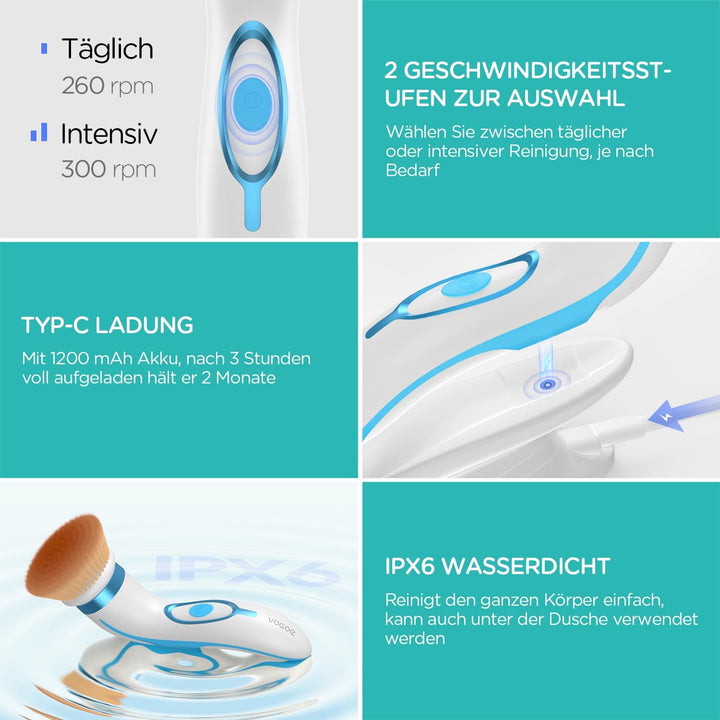 VOGOE Gesichtsreinigungsbürste elektrische, Wiederaufladbar Reinigungsbürste Gesicht IPX6 Wasserdich