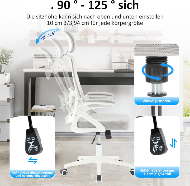 Fizzin Ergonomischer Bürostuhl Grau Schreibtischstuhl mit Verstellbarer Lendenstütze und Kopfstütze