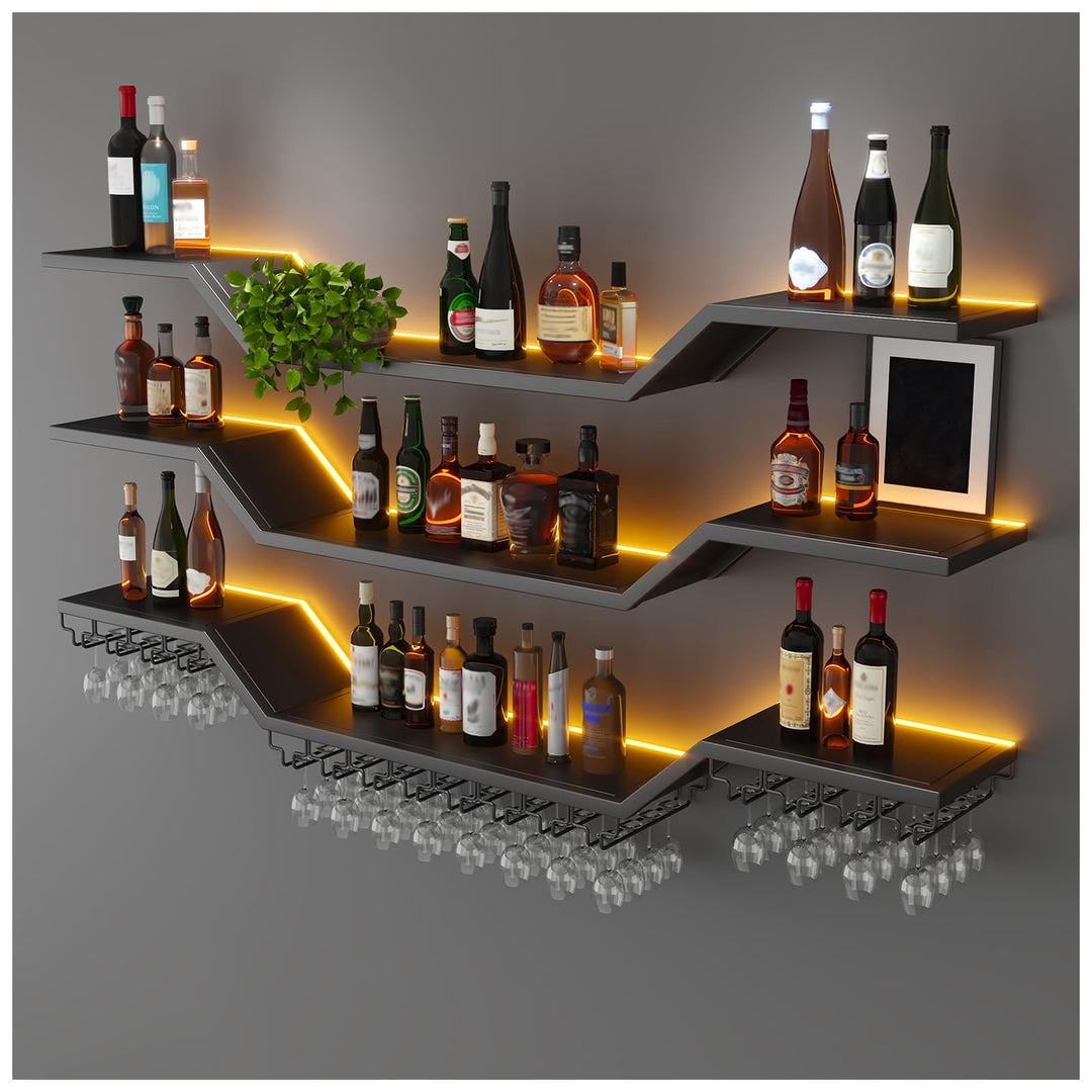 160cm Modernes Wand-Weinregal Mit LED Beleuchtung, Schwebende Barregale mit Glashalter, 3 Ebenen Wan