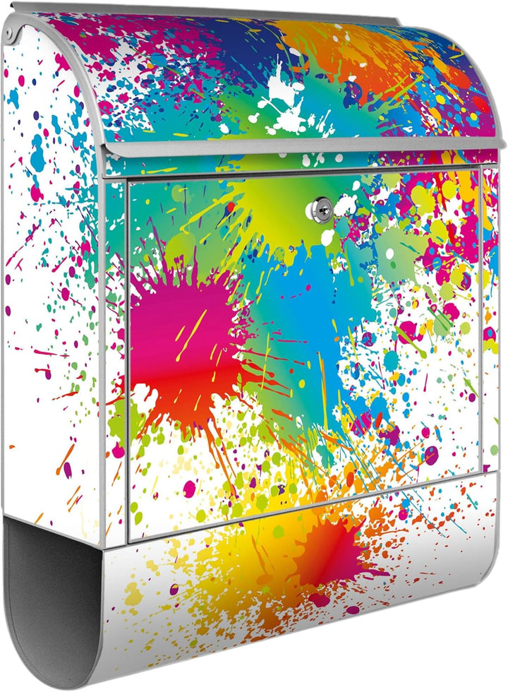 banjado® Design Briefkasten mit Motiv Farbspritzer 39x47x14cm &amp; 2 Schlüssel - Briefkasten Stahl Silb