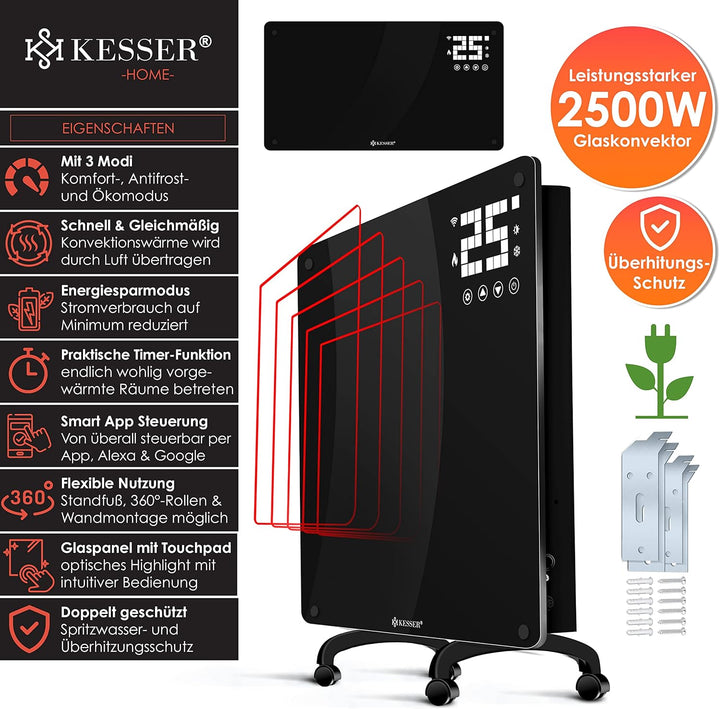 KESSER® Glaskonvektor Glasheizung Elektroheizkörper APP WiFi Funktion Inkl. Fernbedienung Elektrohei