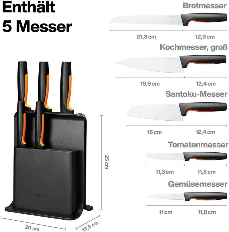 Fiskars Design-Messerblock mit 5 Messern, Functional Form, Inklusive Gemüsemesser, Tomatenmesser, Sa