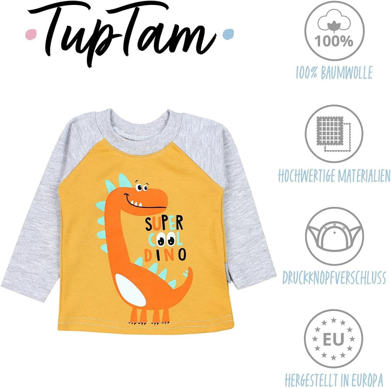 TupTam Baby Jungen Langarmshirt Gestreift 5er Set 74 Flugzeug Dunkelblau Wild Schwarz Dino Senfgelb