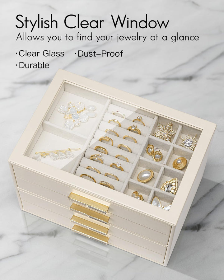 VLANDO Schmuckkästchen Gross, Schmuckkasten mit 4 Ebenen, Schmuck Organizer mit Glasdeckel, 4 Schubl