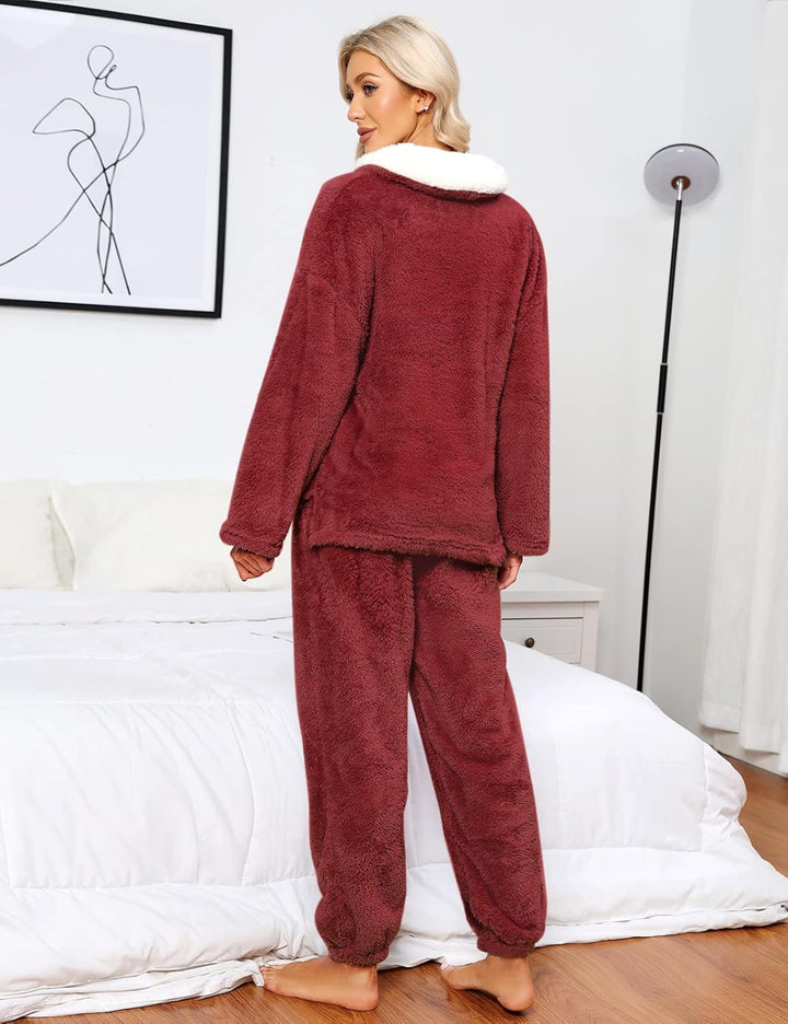 Schlafanzug Damen Winter Thermo Pyjama Set Langarm Fleece Nachtwäsche Set Weicher Warmer Heim Lounge