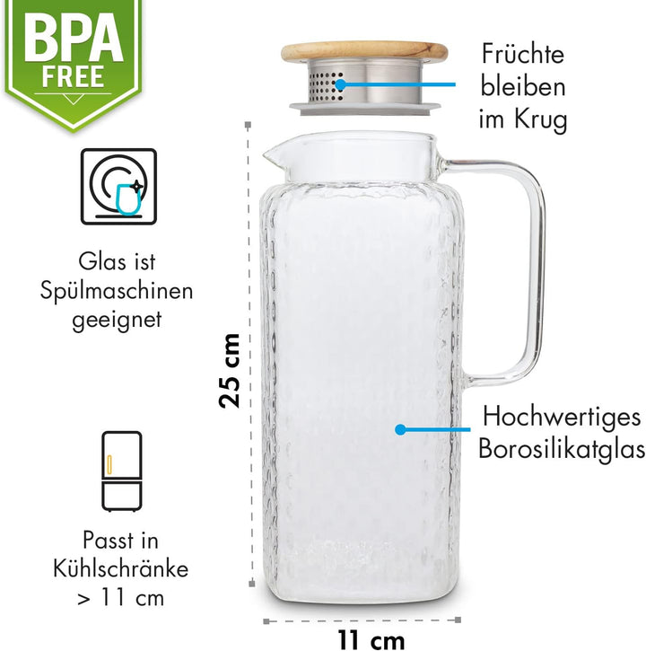 GLASWERK Glaskaraffe mit Deckel (1,9L) und Sieb im Ausguss - Wasserkrug mit Deckel - Karaffe Glas mi