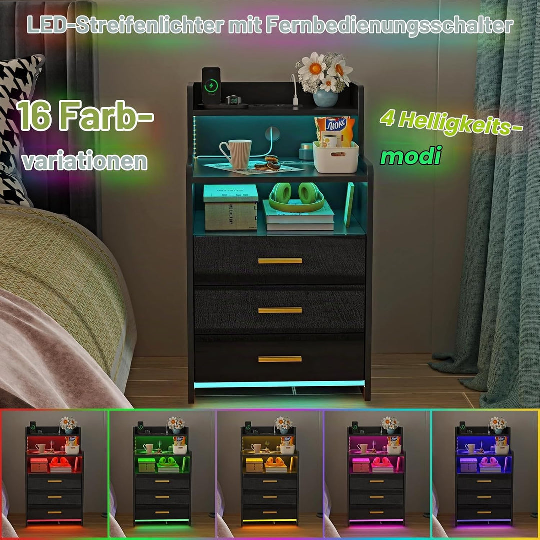 PIPIPOXER Nachttisch mit Steckdose und Ladefunktion,Nachtschrank mit 3 Schubladen und 16 Farben Bele