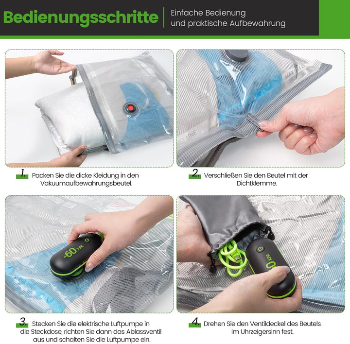 Vakuumbeutel Set 9-tlg mit Elektrischer USB-Pumpe | 3 Grössen (40x40cm, 40x50cm, 40x60cm) Platzspare