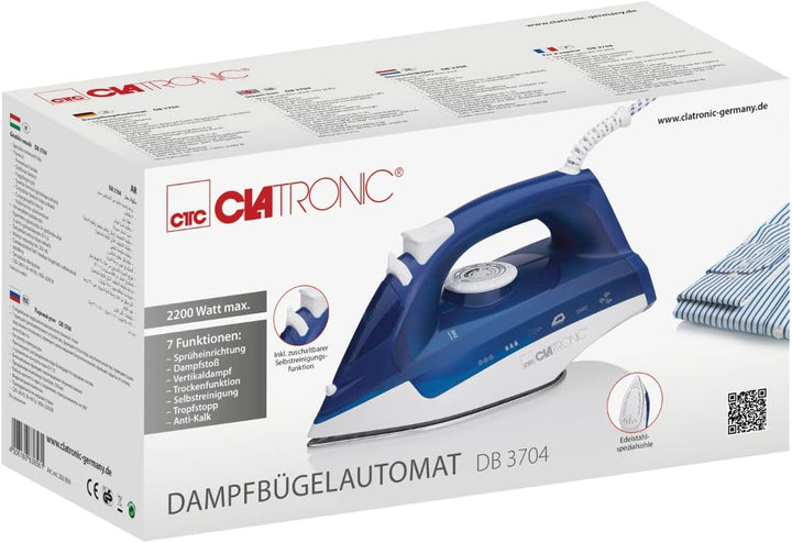 Clatronic DB 3704 Dampfbügeleisen mit 7 Funktionen, Edelstahlspezialsohle, stufenlose Temperaturregu