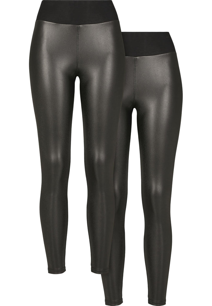 Urban Classics Ladies Faux Leather High Waist Leggings 2-Pack, Damen Leggings, erhältlich in black,