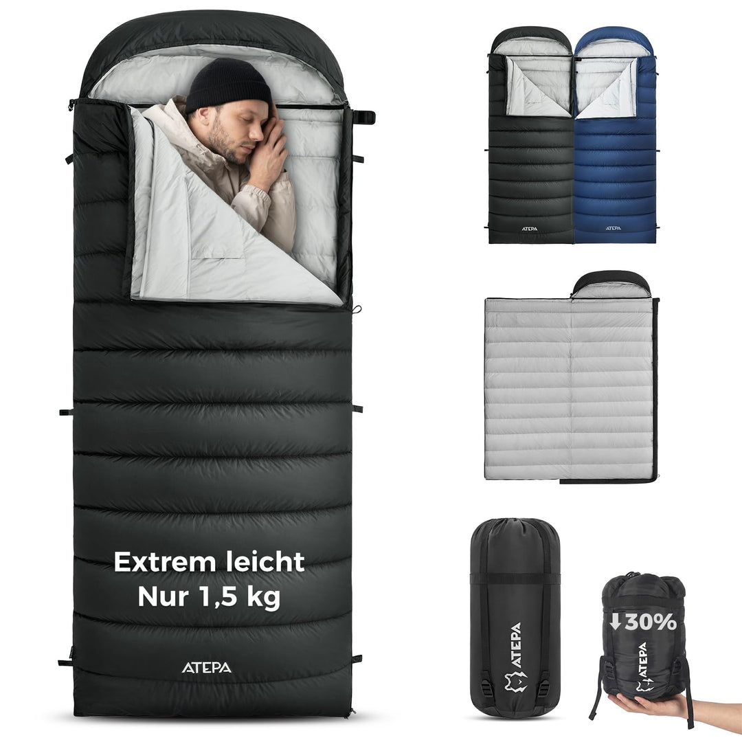 ATEPA Ultraleichter Daunenschlafsack 650/700FP, 3-Jahreszeiten (12°C / 6°C / -1°C), Leicht &amp; Kompakt