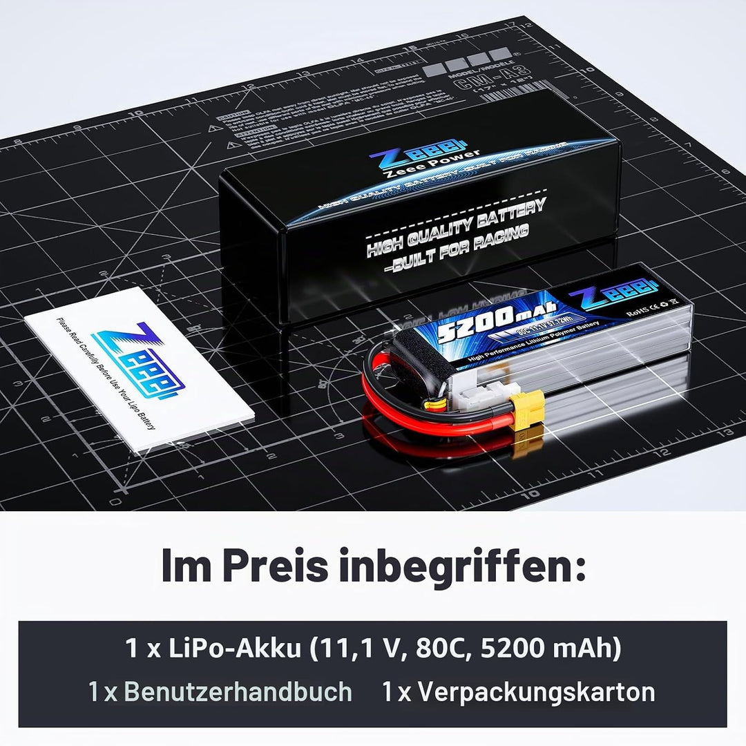 Zeee 3S Lipo Akku 11,1V 80C 5200mAh mit XT60 Steck Batterie RC für RC Auto, RC Flugzeug, RC Hubschra