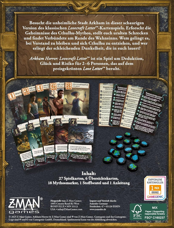 Z-Man Games, Arkham Horror: Lovecraft Letter, Kennerspiel, Kartenspiel, 2-6 Spieler, ab 14+ Jahren,