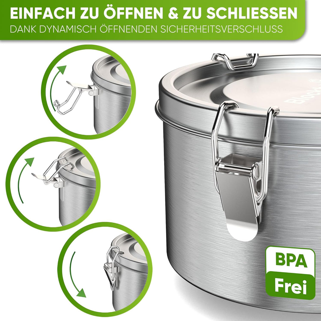 Blockhütte Premium Jausenbox Edelstahl Rund 1800ml mit Göffel 2x Dichtung Set Auslaufsichere Brotdos
