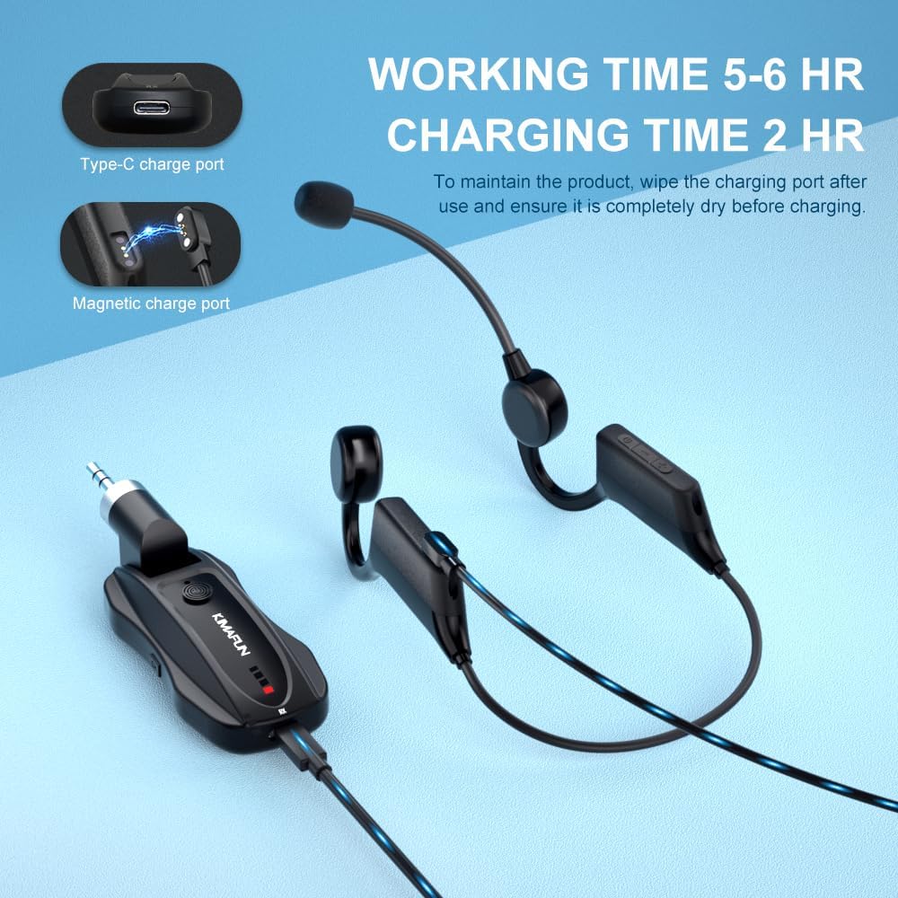 KIMAFUN Drahtloses Fitness Headset Mikrofon 2.4G, IP67 Wasserdichtes Schweissfestes Kabelloses Mikro