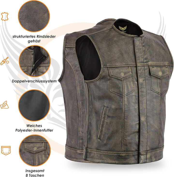 Leatherick Herren Vintage Braun Biker Leder Weste kragenlosen Stil ausgezeichneten Look (5XL- EUR66)