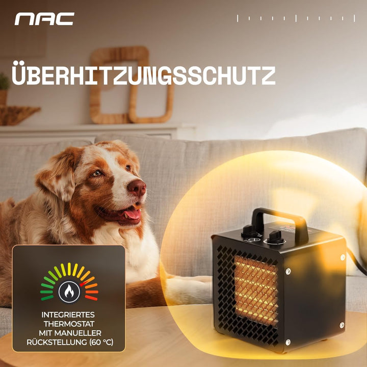 NAC Elektrischer Keramik Heizlüfter 2000 Watt - Heizstrahler mit Thermostat, Heizung Elektrisch - He