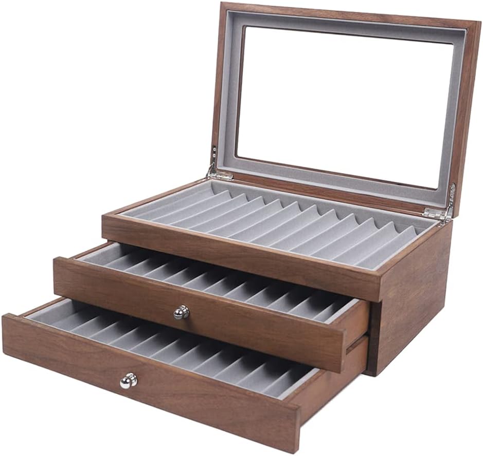 WindWilder Stifthalterbox mit vitrine für 34 Stifte, Nussbaum Holzstifte Pen Display Box mit Anzeige
