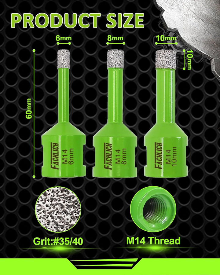 Diamant Fliesenbohrer Set – Diamantbohrer Lochsge 6/8/10mm, M14 Fliesenbohrer für Porzellan, Keramik