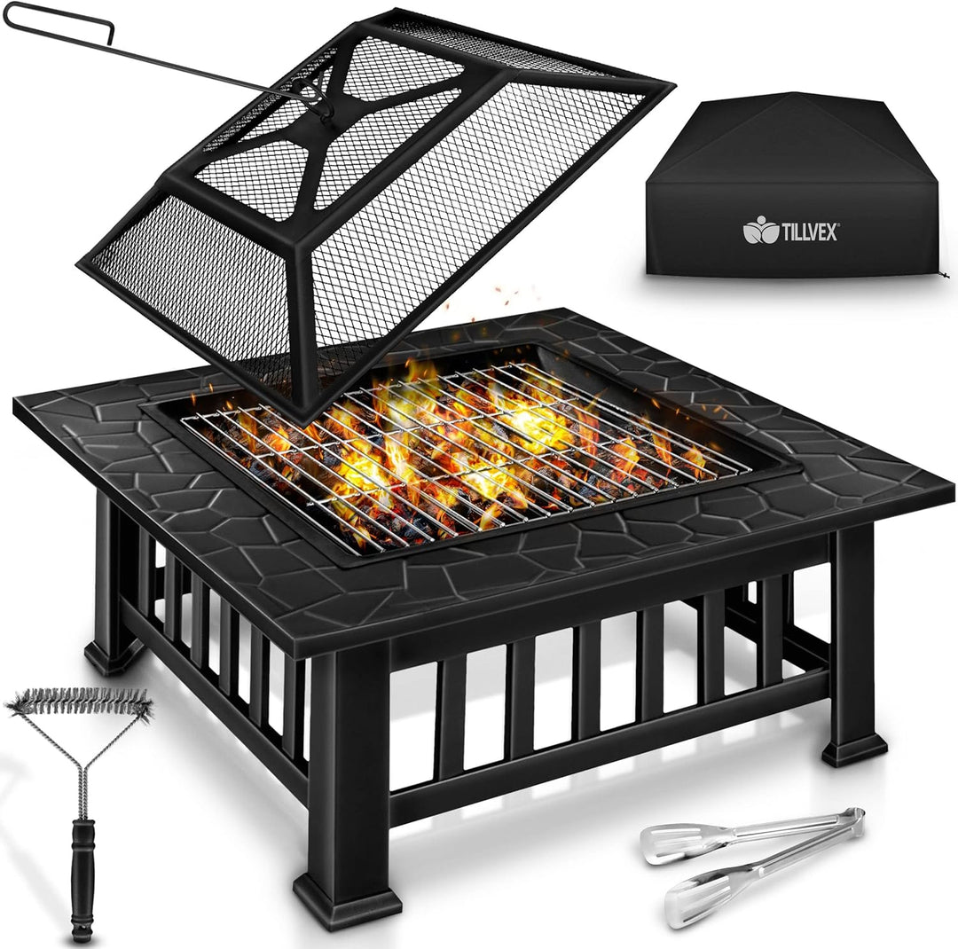 tillvex Feuerschale mit Funkenschutz & Grillrost | Feuerstelle Outdoor für den Garten | 3 in 1 BBQ G