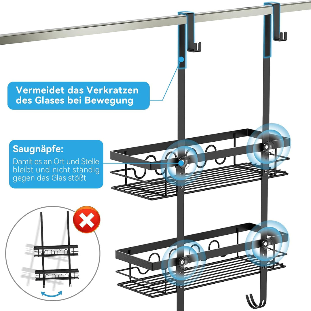 Duschablage ohne Bohren Schwarz, 3-in-1 Hängendes Duschregal für Glastüren mit 2 Körben, 4+3 Haken,