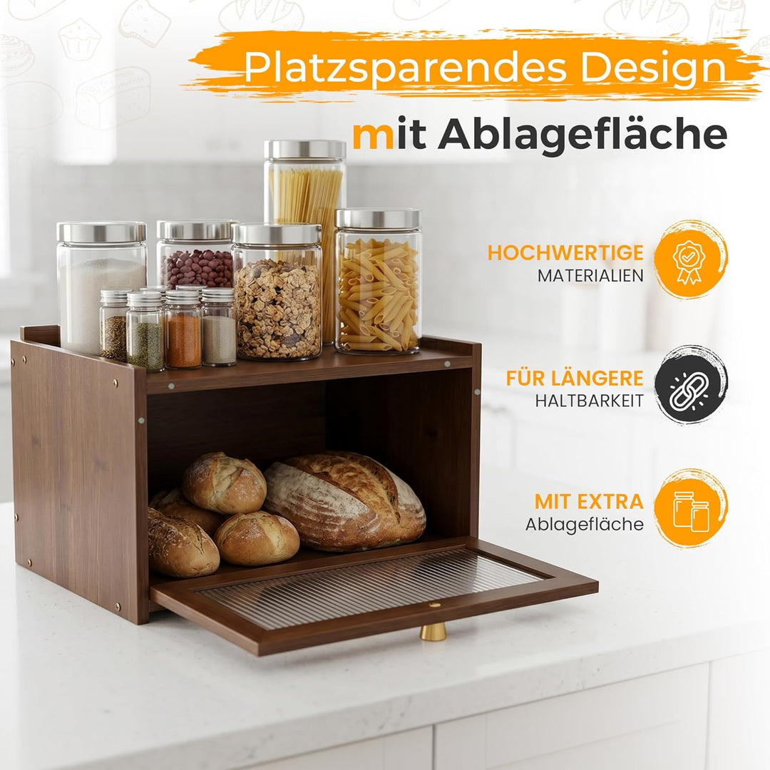 AH® Brotkasten Holz Vintage mit Sichtfenster – Brotbox mit Belüftung – Bread box– Brotbewahrung im L