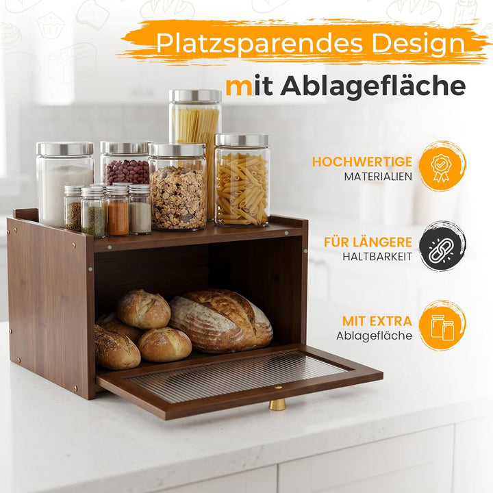 AH® Brotkasten Holz Vintage mit Sichtfenster – Brotbox mit Belüftung – Bread box– Brotbewahrung im L