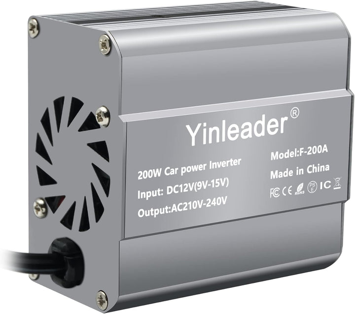 Yinleader Wechselrichter 200W 12V auf 230V Kfz-Spannungswandler 1 Euro-Steckdosen 2 USB, 200W
