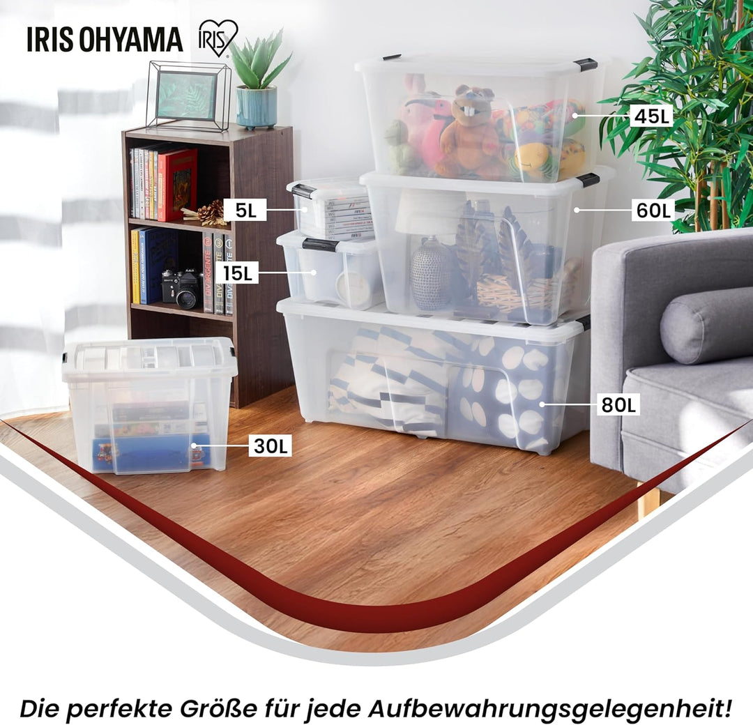 Iris Ohyama, 6er-Set, Aufbewahrungsboxen, 15 L, mit Clips, stapelbar, Wohnzimmer, Schlafzimmer, Gara