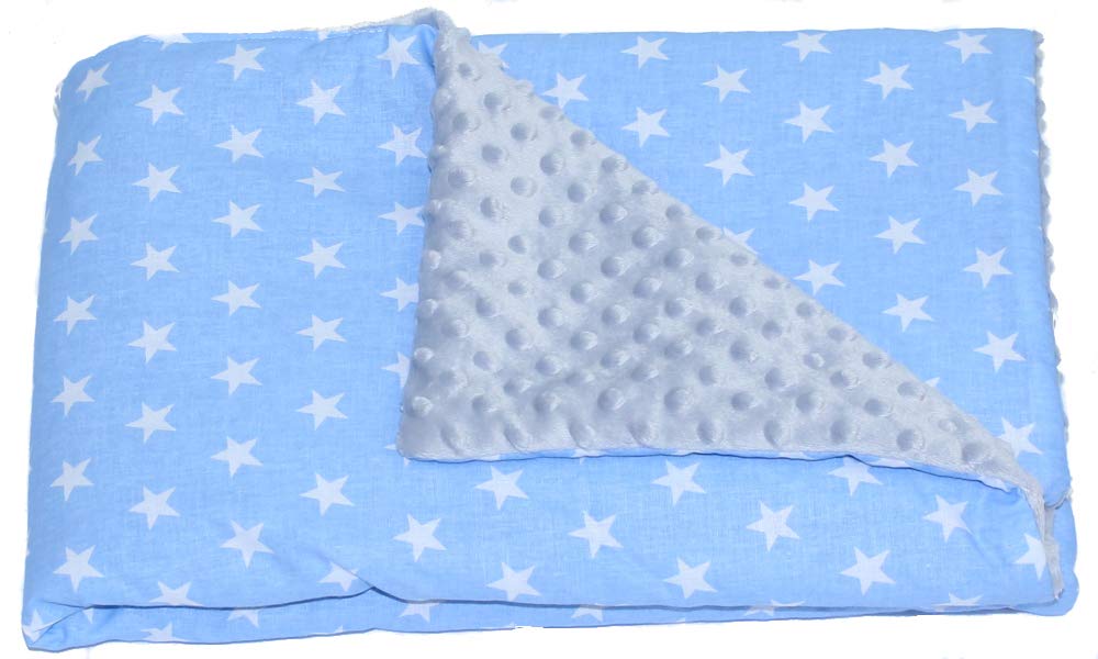 Baby Einschlagdecke MINKY-WEIssE STERNE- mit Kapuze 90x90 cm Babyschale Decke (Auf BLAU mit GRAU)