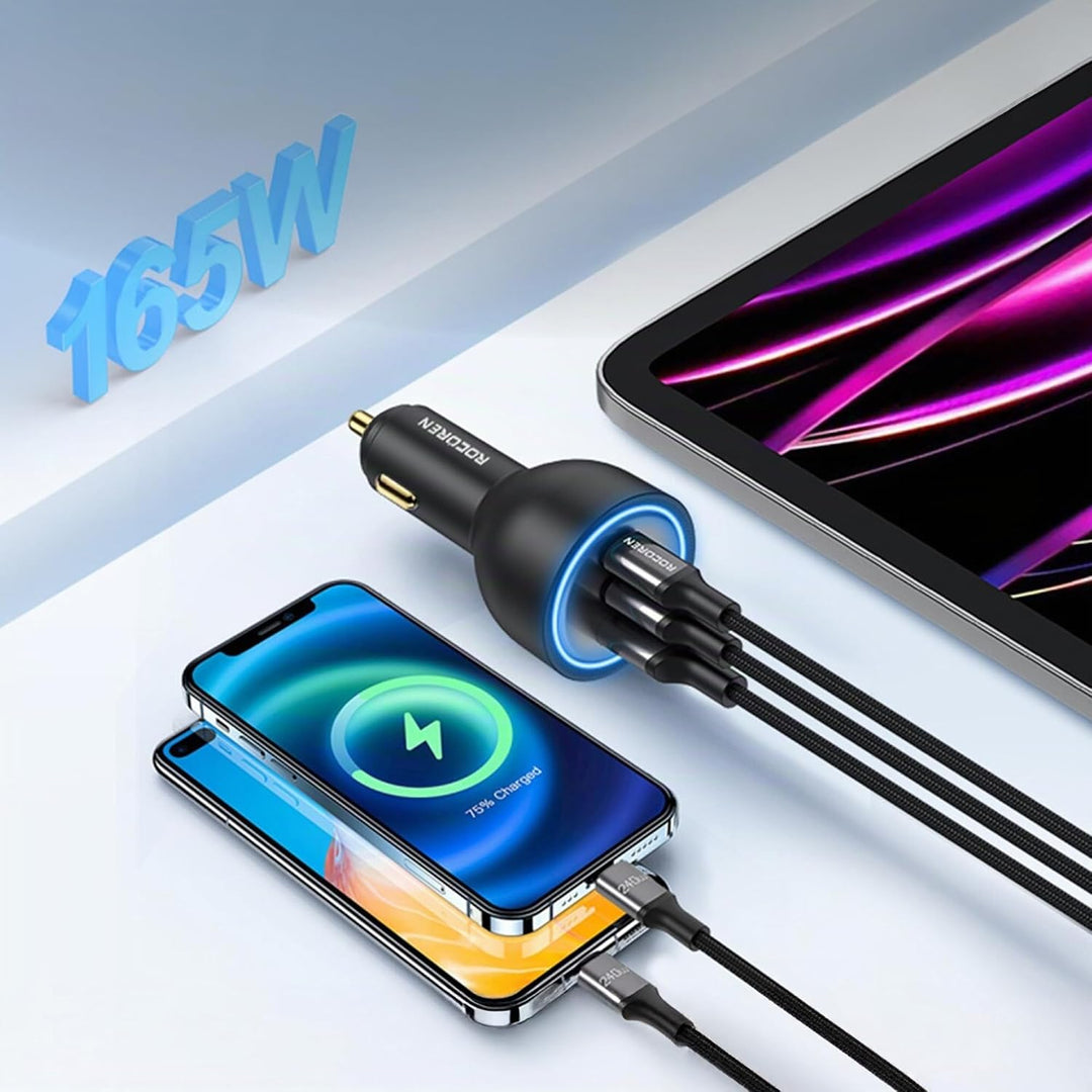 Rocoren KFZ Ladegerät USB C 165W, PD3.1 140W QC5.0 PPS 3-Ports Schnellladegerät Auto Ladegerät Adapt