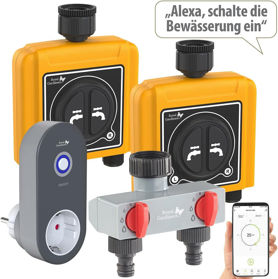 Royal Gardineer Wasserzähler: WLAN-Bewässerungscomputer mit 2 Dual-Ventilen, 2-fach-Wasserverteiler