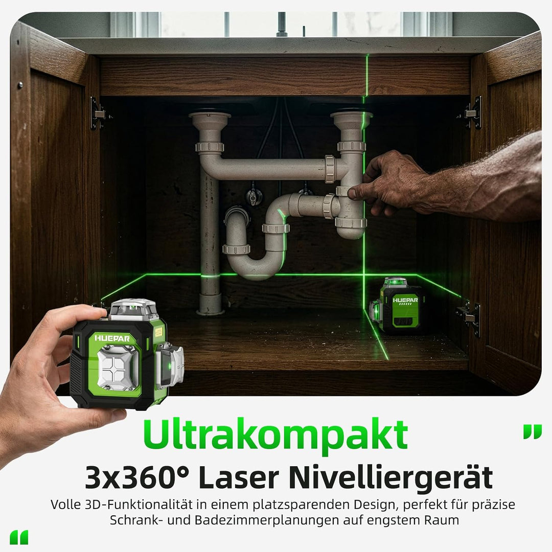 Huepar Kreuzlinienlaser 360 grün, Kompakt wiederaufladbar Laser Wasserwaage selbstnivellierendend 3x