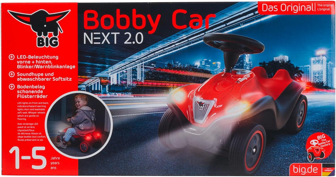 Big Bobby Car Next 2.0 (rot) - Rutschauto ab 1 Jahr mit LED-Licht, Stauraum, Sound-Lenkrad, Flüsterr
