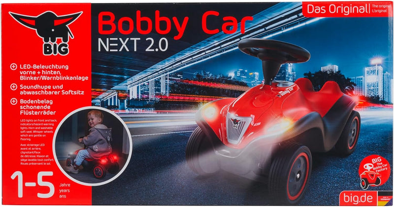 Big Bobby Car Next 2.0 (rot) - Rutschauto ab 1 Jahr mit LED-Licht, Stauraum, Sound-Lenkrad, Flüsterr