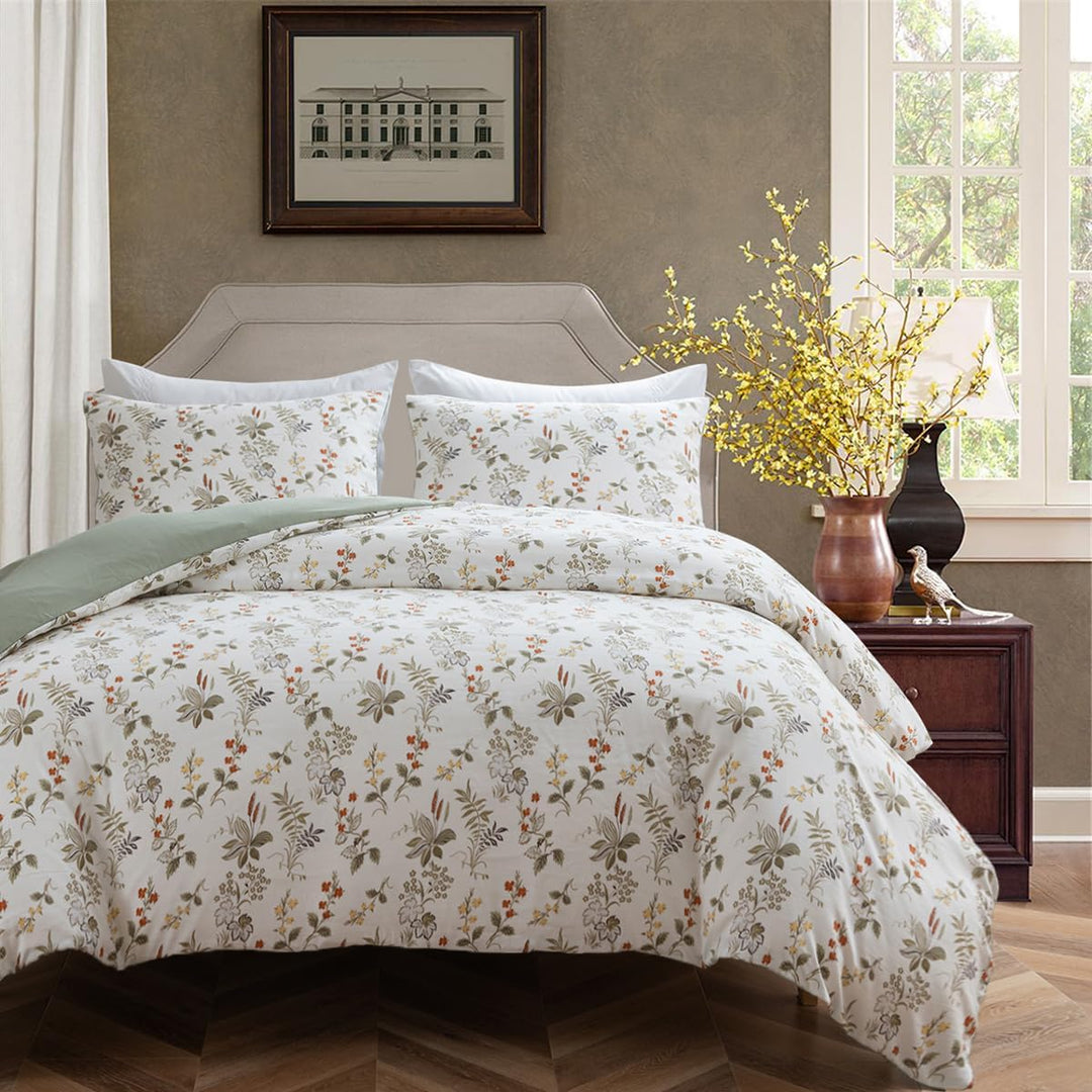 Luofanfei Bettwäsche 135x200 Grün Beige Blätter Blumen Bunt Pflanzen Botanisch Microfaser Bettwäsche