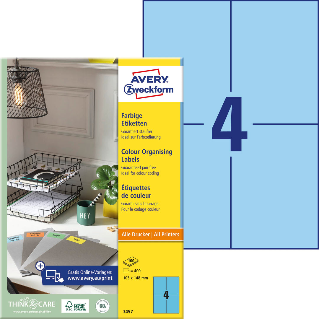 AVERY Zweckform 3457 Blaue Etiketten (400 Aufkleber, 105x148mm auf A4, permanent haftend, selbstkleb