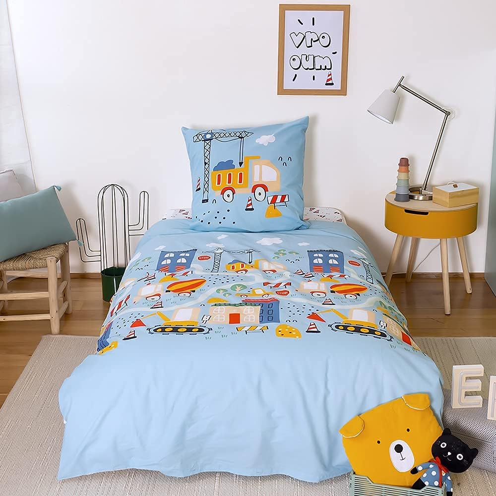 CÔTE DECO Bettwäsche-Set für Kinder, wendbar, LKW und Traktor, Blau, Bettbezug 140 x 200 cm + 1 Kiss