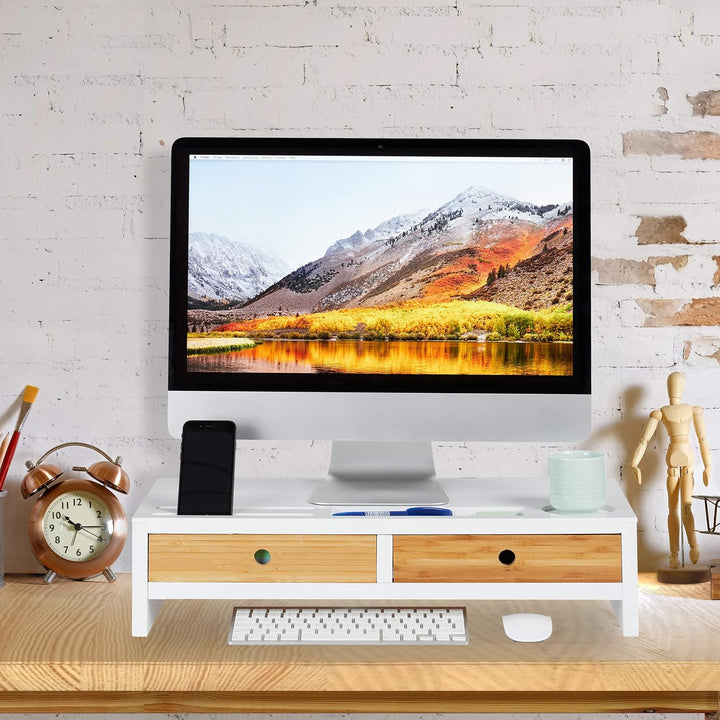 Relaxdays Monitorständer Bambus, Bildschirmerhöhung mit 2 Schubladen & Fächern, Lapdesk HBT 14 x 60