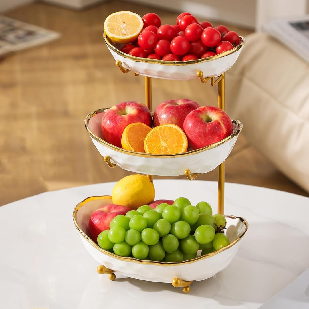 3-Schicht Obstschale Keramik mit Metallgestell, Obstschale Etagere, Elegante Etagere zum Servieren v