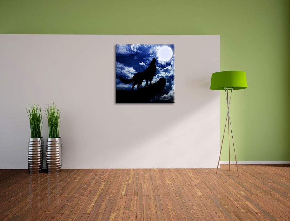 Wolf im Mondschein, Format: 70x70 auf Leinwand, XXL riesige Bilder fertig gerahmt mit Keilrahmen, Ku
