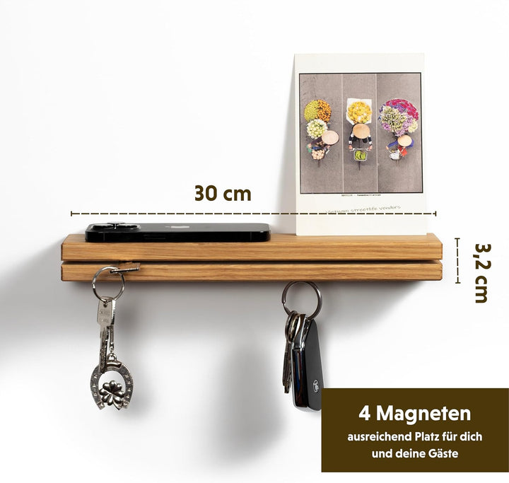 WOODS Schlüsselbrett mit Ablage Holz Eiche in 30cm mit Magnet und praktischem Schlitz, Schlüsselhalt