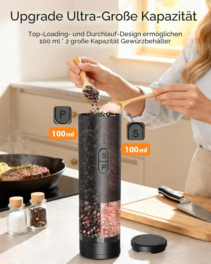 AMOSA Salz und Pfeffermühle Elektrisch, 2-in-1 Doppelbehälter USB Aufladbar, Nachfüllbar Automatisch