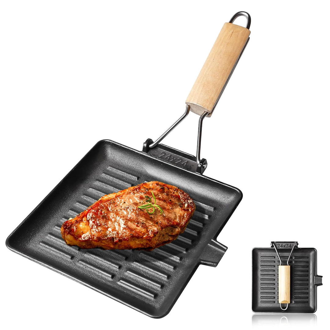 Steakpfanne Gusseisen 24X24cm, Grillpfanne Induktion mit Klappbarem Holzgriff, Viereckige Grillplatt