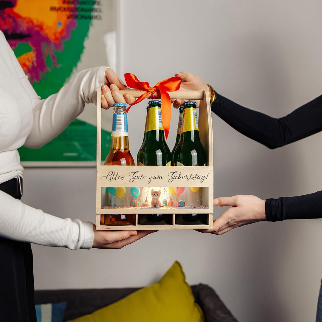 Creative Deco Flaschenträger Holz für 6 Bierflaschen | Personalisierte Geschenke Wunschtext + Foto |